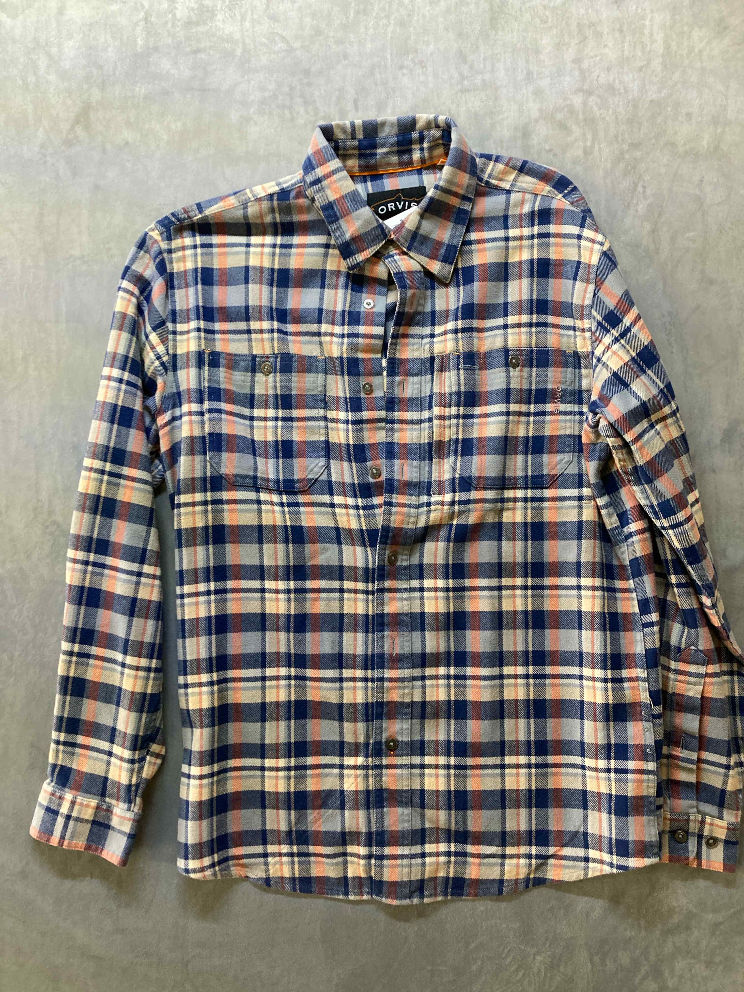 Orvis Men's Blue/Orange Plaid Flannel Shirt - M