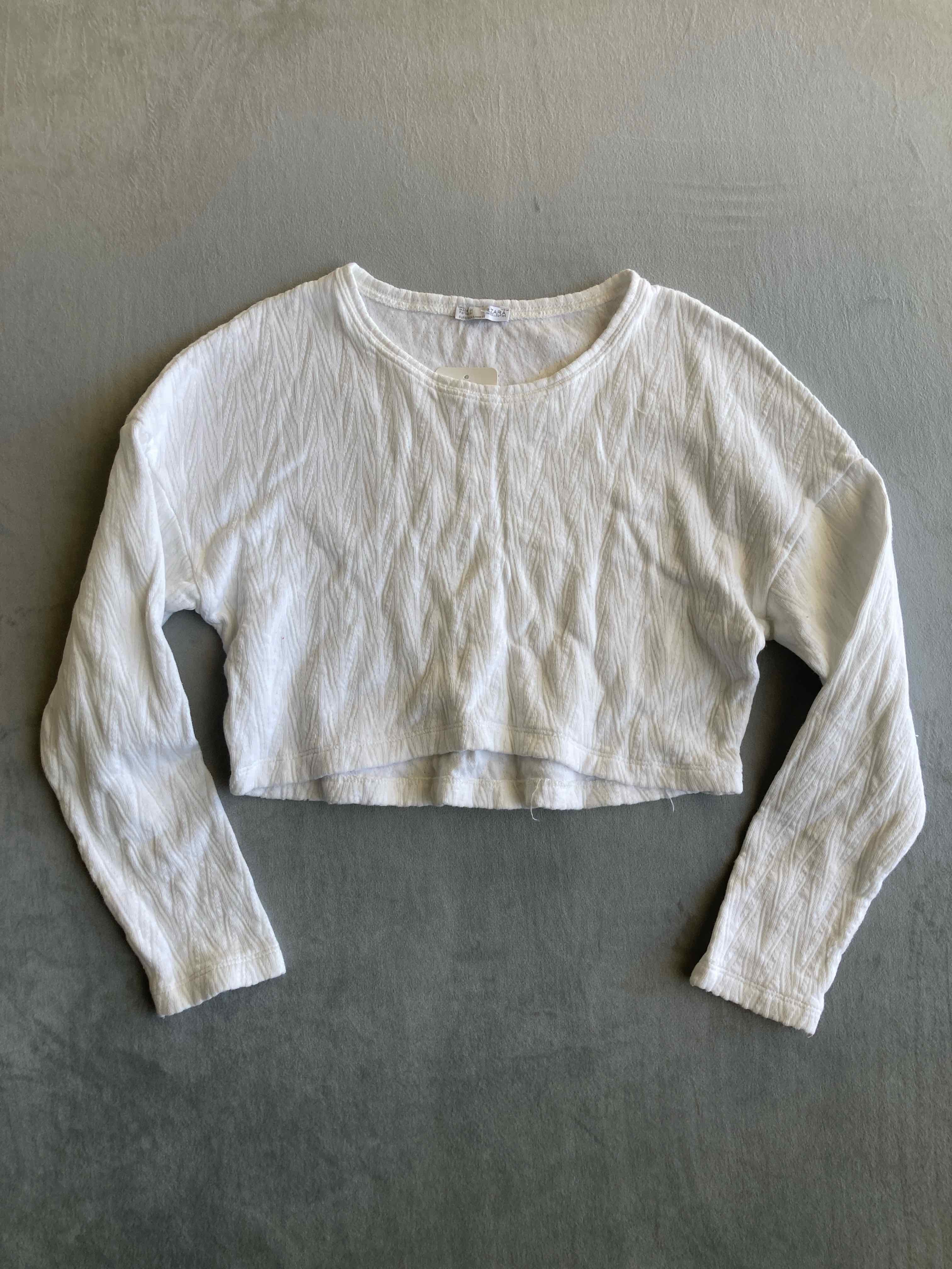 Zara White Textured Cotton Long Sleeve Cropped Top